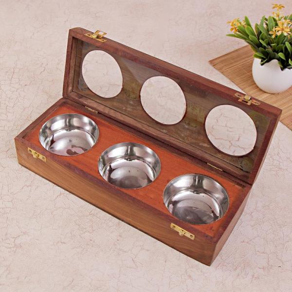 Wooden Dry Fruit Box w/ 3 Containers - Home decor / Gift