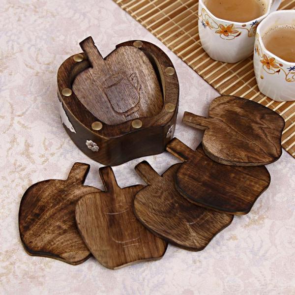 Set Of 6 Apple Shaped Wooden Drink Coasters Gift Set