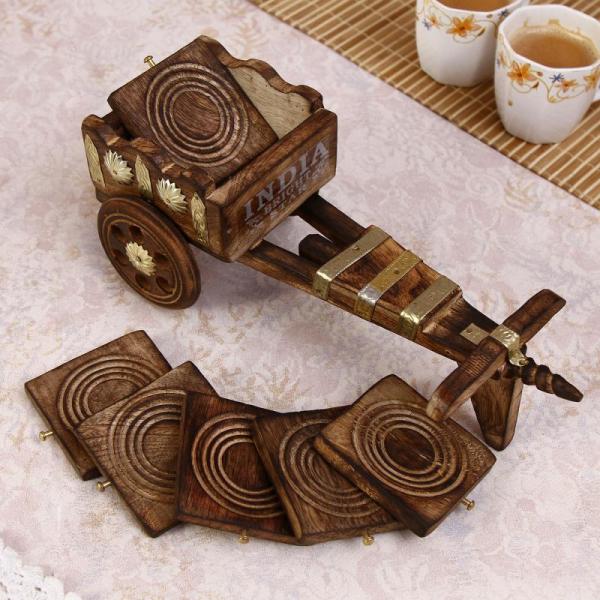 Wood Crafted 6 Tea Coasters in Traditional Wooden Cart Holder
