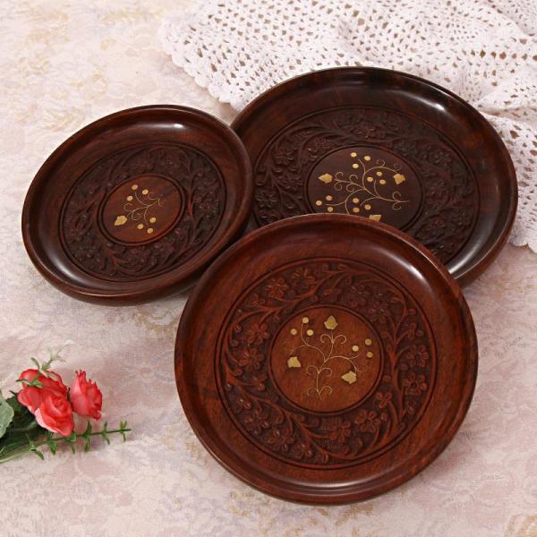 Set of 3 Carved Wooden Plates w/ Floral Inlay Work