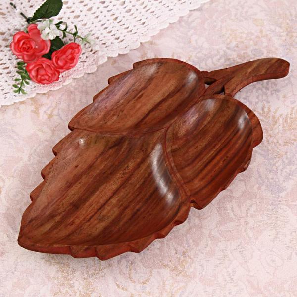 Leaf Shaped 3 Compartment Wooden Tray