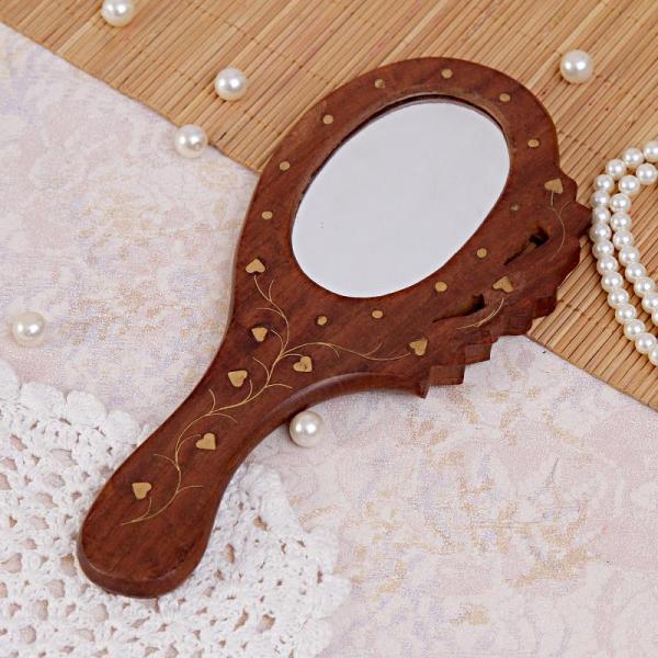 Wooden Inlaid Floral Design Travel Purse Mirror w/ Handle