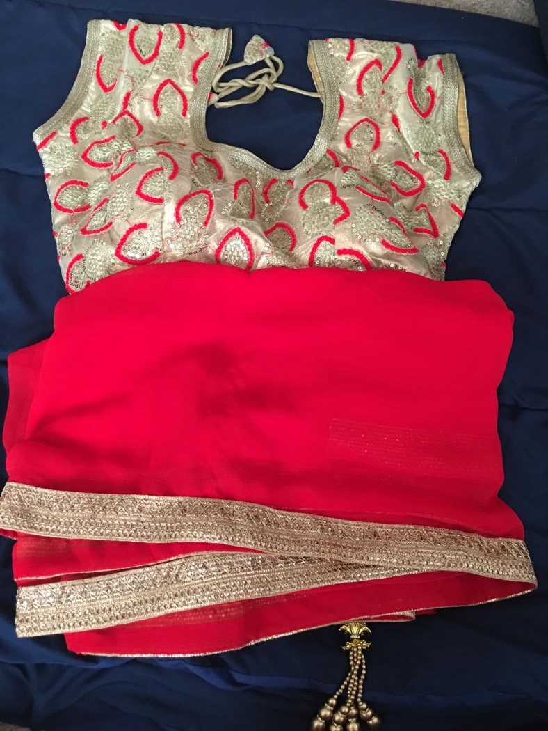Designer Red & Gold Georgette Saree & Blouse