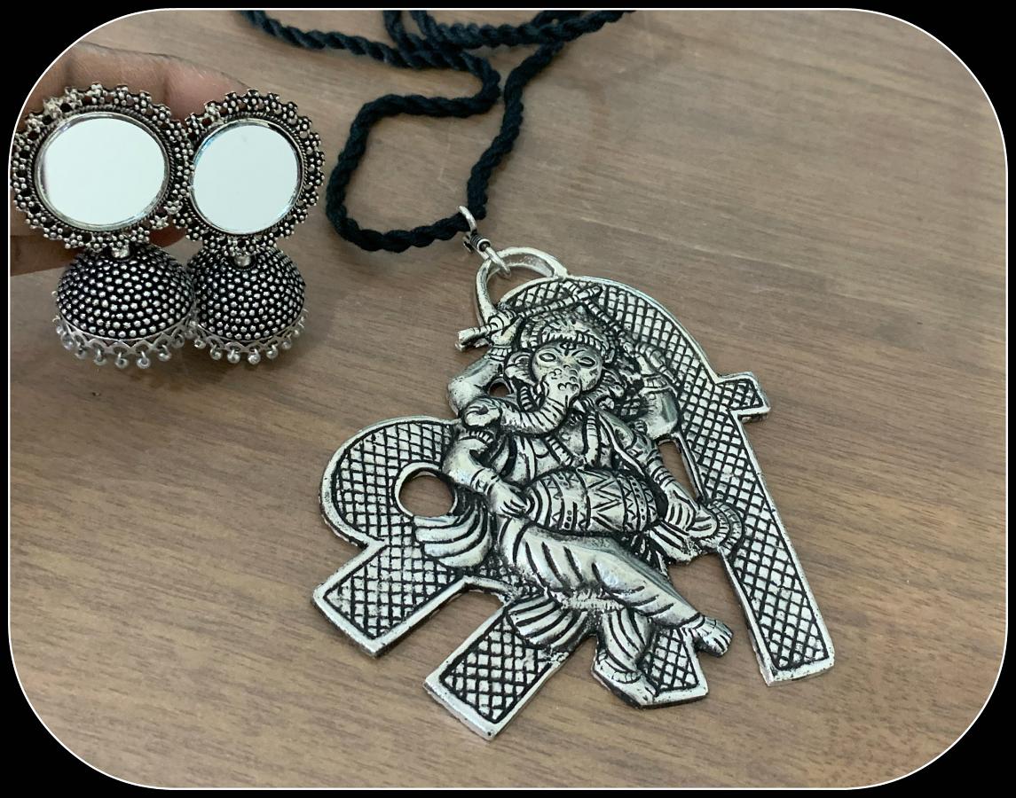 Big Sized Oxidised Ganesha Pendant with Large Sized Mirror Jhumkas !!!
