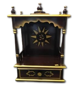 Traditional Small Wooden Mandir for Home in Dark Brown & Gold - 12"