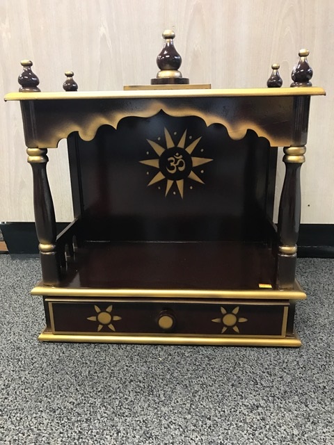 Traditional Small Wooden Mandir for Home in Dark Brown & Gold - 18"