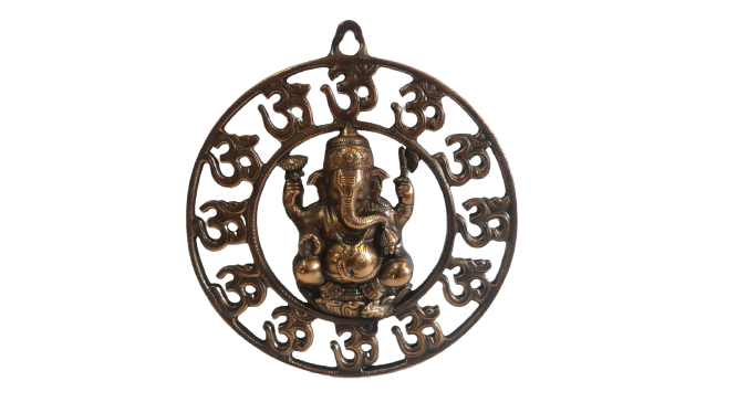 Black Metal Antique Wall Hanging Decor of Ganeshji With Circle of Om 12.5" Black Metal Antique Wall Hanging Decor of Ganeshji With Circle of Om 12.5"