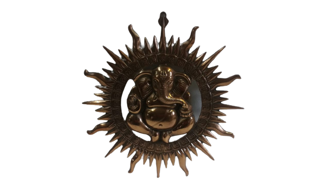 Black Metal Antique Wall Hanging Decor of Ganeshji W/ Base of Sun - 16" Black Metal Antique Wall Hanging Decor of Ganeshji W/ Base of Sun - 16"