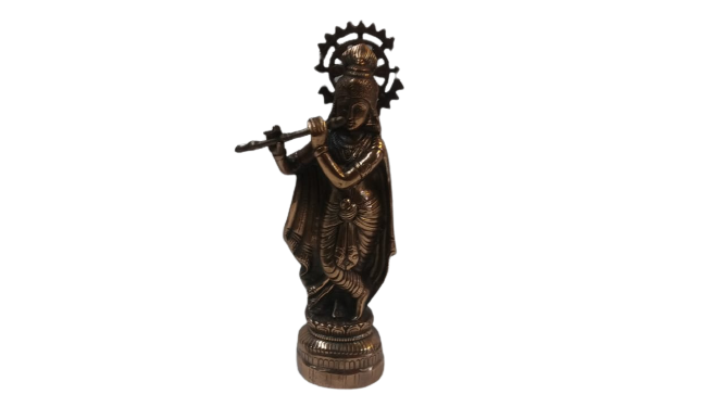 Artistic Black Metal Statue of Lord Krishna in his signature Pose 14.5"