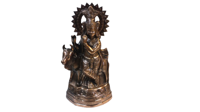 Artistic Black Metal Large Statue of Lord Krishna With Cow 34" Artistic Black Metal Large Statue of Lord Krishna With Cow 34"