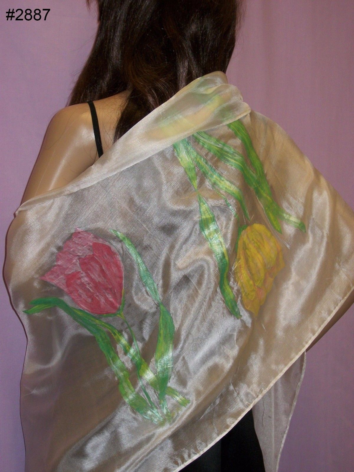 Silk Scarf w/ Hand Painted Tulips, Dupatta / Stole for Women Silk Scarf w/ Hand Painted Tulips, Dupatta / Stole for Women