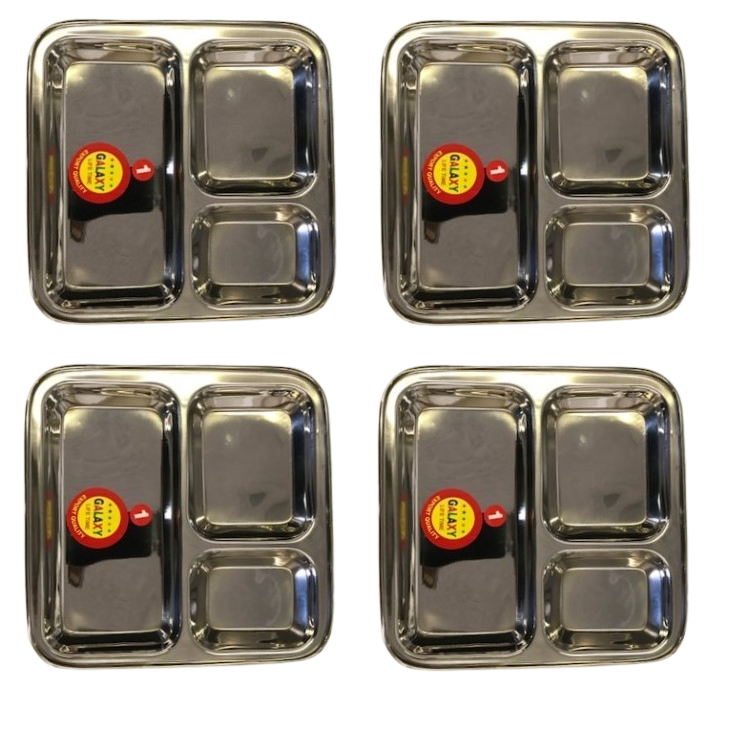 4 Pcs Stainless Steel Pav Bhaji Plate, Small Square Thali w/ 3 Compartments 4 Pcs Stainless Steel Pav Bhaji Plate, Small Square Thali w/ 3 Compartments