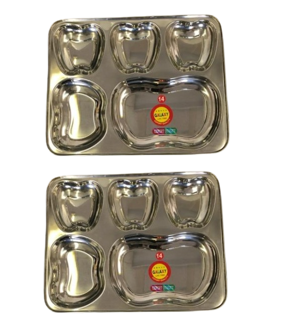 2 Pcs Stainless Steel Rectangle Thali in Apple Shape - 5 Compartments 2 Pcs Stainless Steel Rectangle Thali in Apple Shape - 5 Compartments