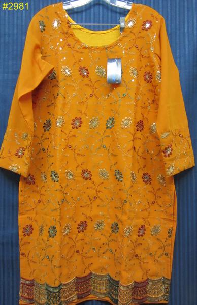 Bright Mustard Georgette Cocktail Embroidered Kurti - Large Size