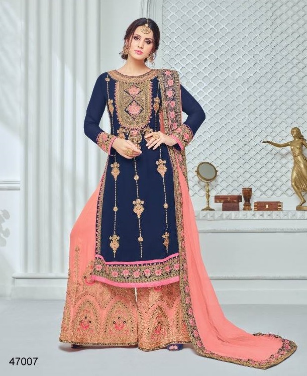 Designer Pakistani Blue Peach Plazzo Sharara Salwar Kameez (Unstitched)
