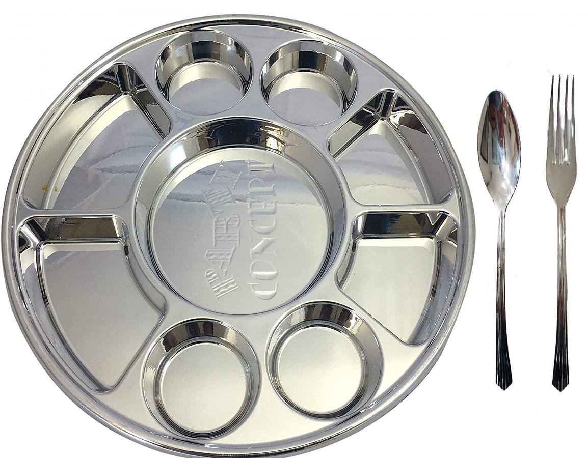 9 Compartment Disposable Silver Thali Plates - 100 Thali w/ Forks & Spoons 9 Compartment Disposable Silver Thali Plates - 100 Thali w/ Forks & Spoons
