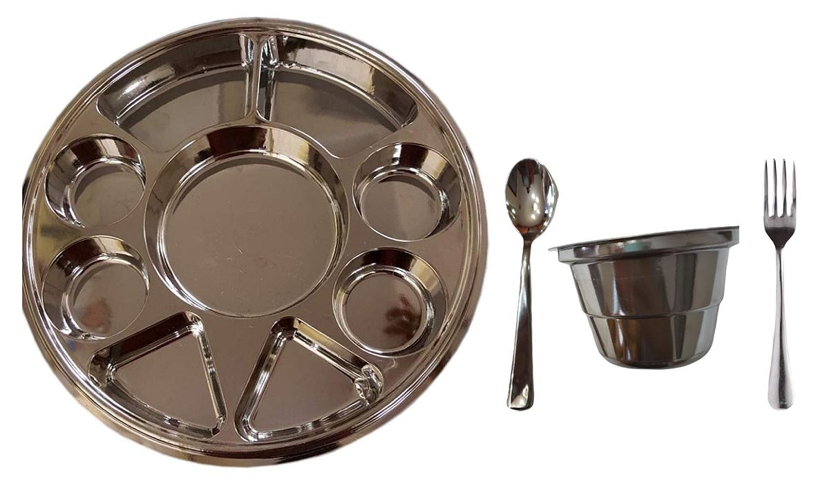 Disposable Plates 9 Compartment Stainless Steel Thali - 200 Plates w/ Fork Spoon & Bowl