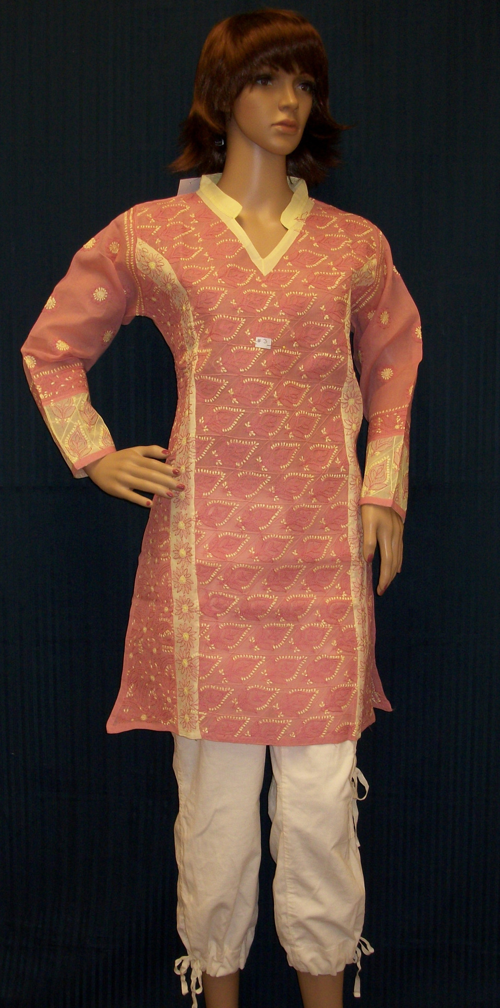 Soft Pink Ivory Cotton Hand Crafted Tunic Top Kurti (M) #26910
