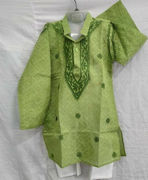 Ethnic Wear Cotton Embroidered Work Kids Kurta Pajama - Green Color Ethnic Wear Cotton Embroidered Work Kids Kurta Pajama - Green Color