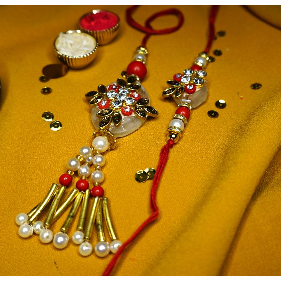 Beautiful White Stone Kundan Bhaiya Bhabhi Rakhi + Roli & Chaval