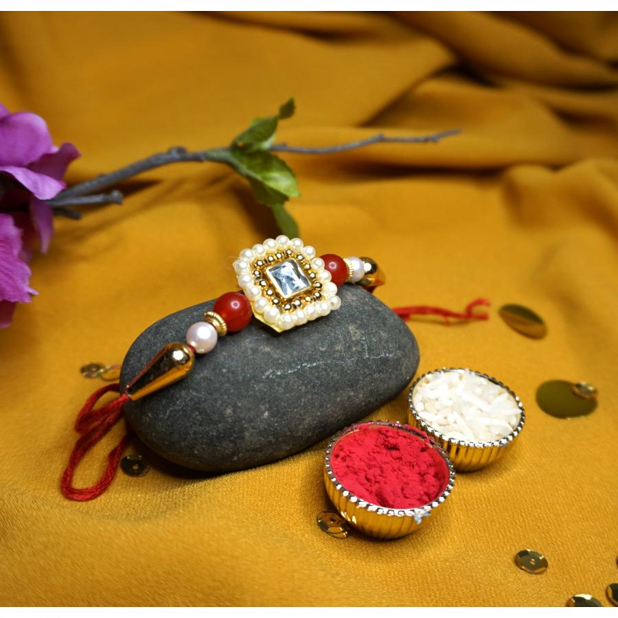 Alluring Single Kundan Rakhi With Polished Beads + Roli & Chaval