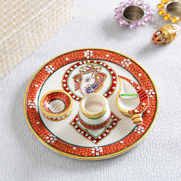 Gold Minawork Work Marble Pooja Thali