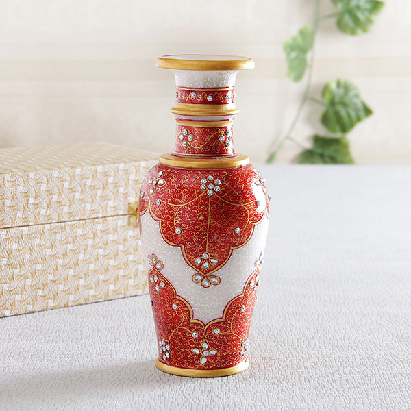 Red Embossed Mina Work Marble Painted Vase