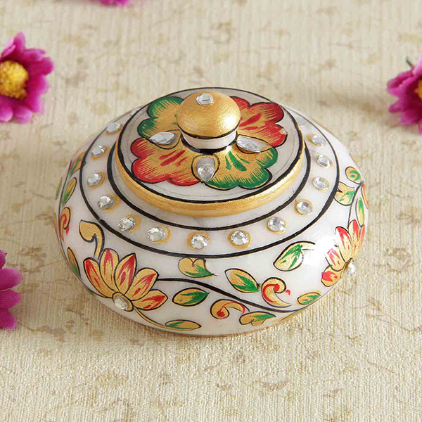 Round Marble Meena Work Jewellery Box