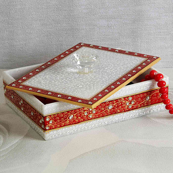 Rectangle Mina work Marble Utility Jewelry Box