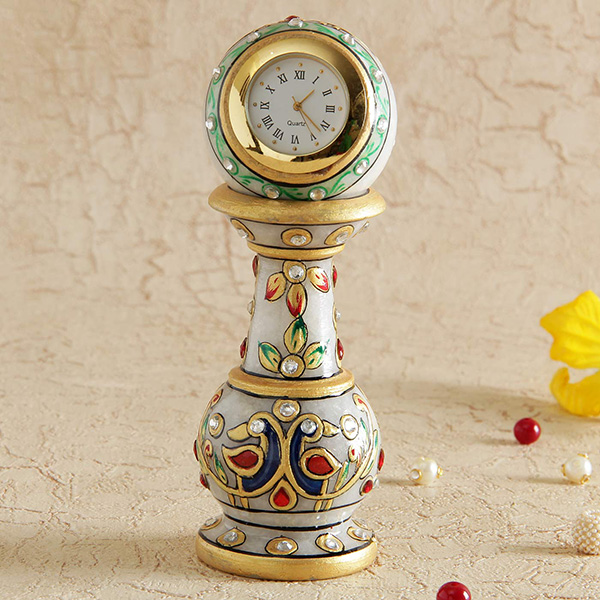 Marble w/ Enamel Pillar & Mina Work Watch Clock