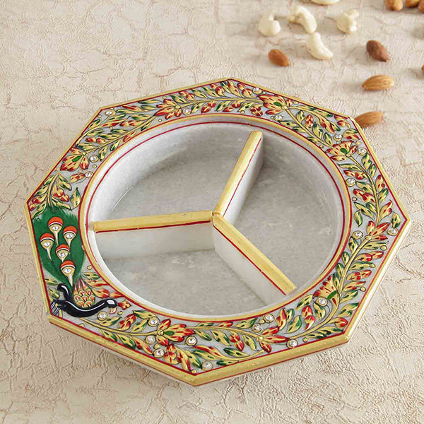 Meena Kundan Work Hexagonal Marble 3 Section Container