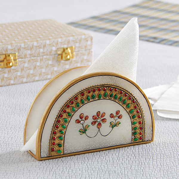 Traditional White Marble Napkin Holder w/ Mina Work 29611 DesiClik
