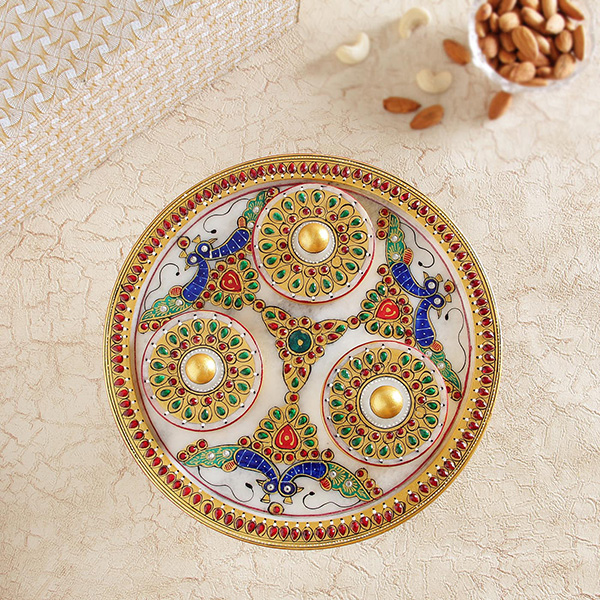 Gold Painted Embossed Revolving Tray w/ 3 Bowls Set