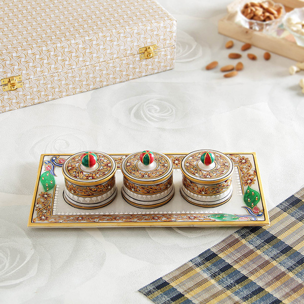 Set Of 3 Small Marble Containers w/ Tray Gift Set