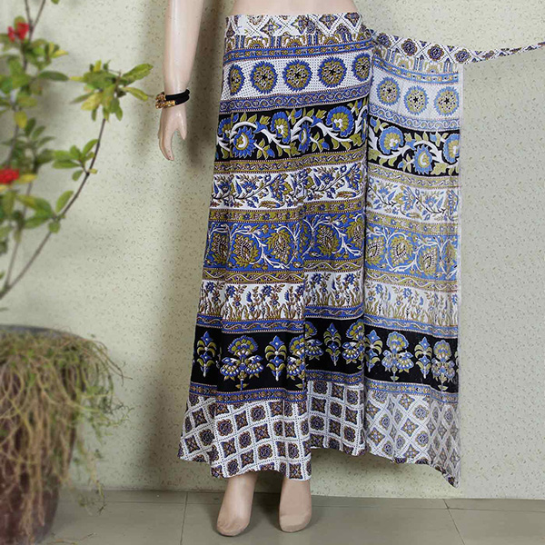 White & Blue Cotton Trendy Long Rajasthani Print Skirt Wrap