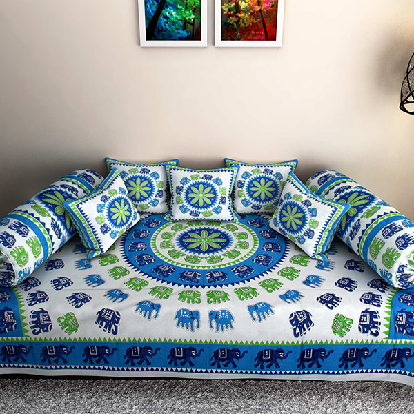 Elephant Block Print 8 Piece Diwan Set w/ Cushion Covers