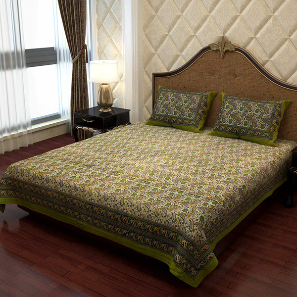 Green Ethnic Print Flat Bed Sheet & Pillow Covers