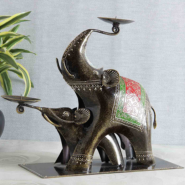 Wooden Embossed Painted Elephants Shape Candle Stand