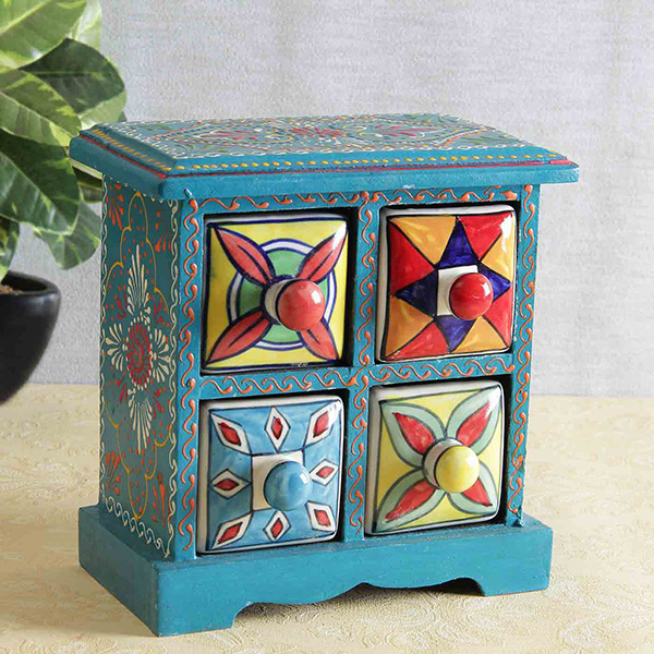 Awesome Design Square Wooden Box w/ Four Ceramic Drawers