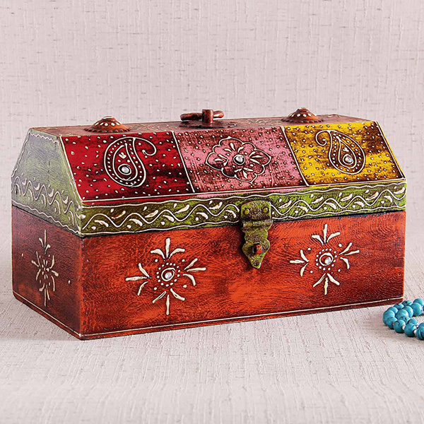 Kundan Work Embossed Painted Small Wooden Box Chest