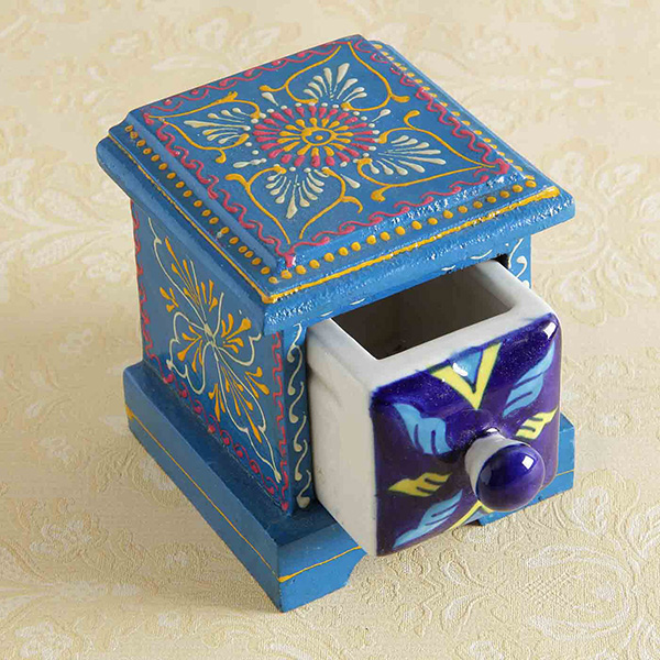 Small Wooden Drawer Box w/ Pottery Design