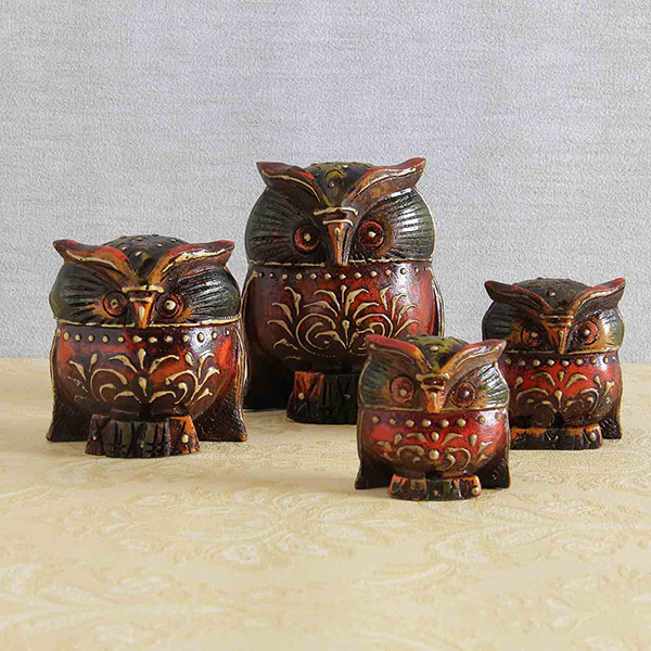Handcrafted Set Of Multicolored Embossed Painted Wooden Owls
