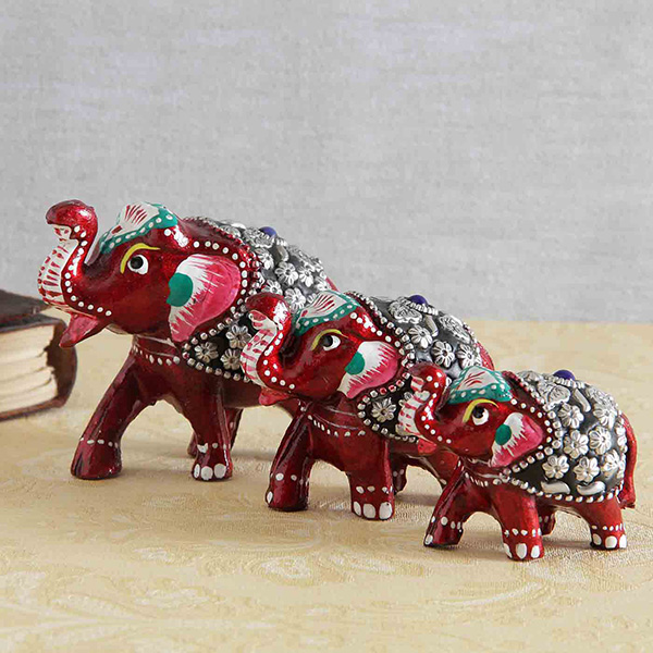 Handcrafted Multicolored Embossed Painted 3 Wooden Elephants Set