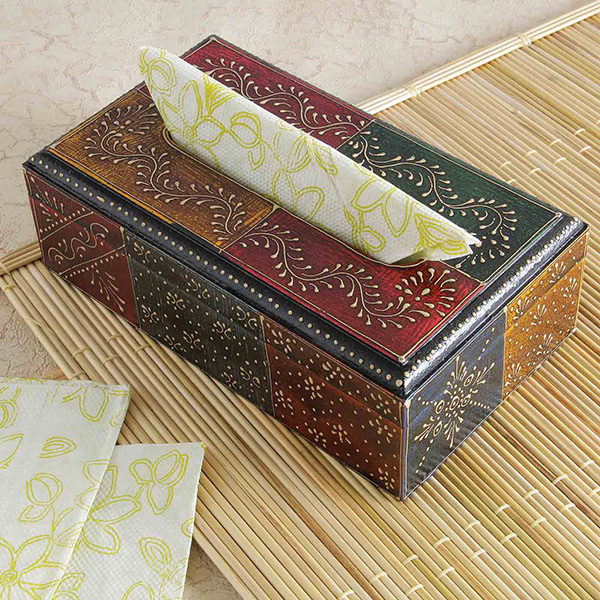 Rectangular Embossed Painted Wooden Napkin Holder