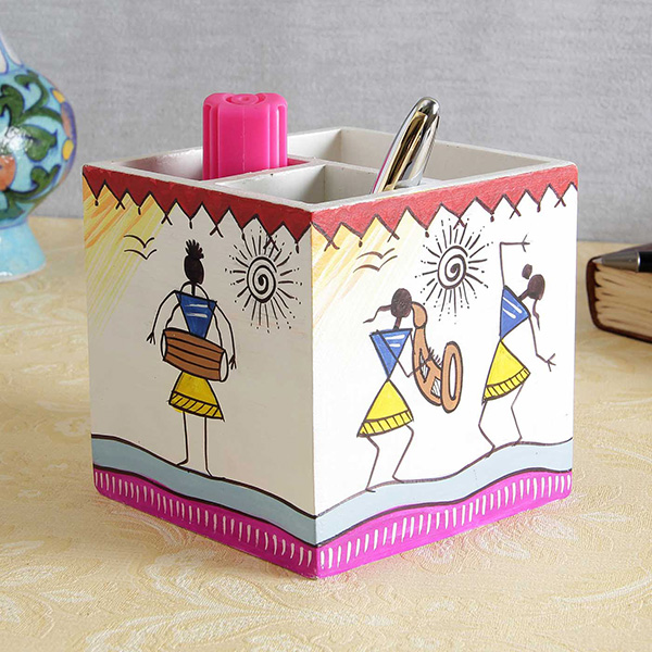 Tribal Art Wooden Pen Holder for Home, Office or Gift