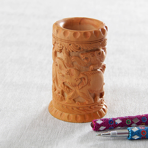 Designer Carved Wooden Pen Holder Gift
