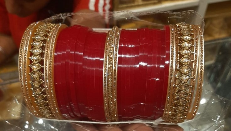 Fancy Golden Red Choodra Bangles Set w/ Pearl CZ Work 2.4 / 2.8 #3051231 Fancy Golden Red Choodra Bangles Set w/ Pearl CZ Work 2.4 / 2.8 #3051231