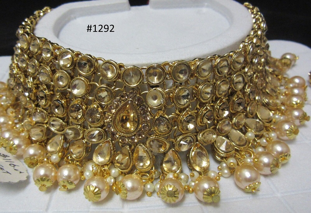 Necklace Indian Designer Golden Choker Necklace & Earrings Set Necklace Indian Designer Golden Choker Necklace & Earrings Set