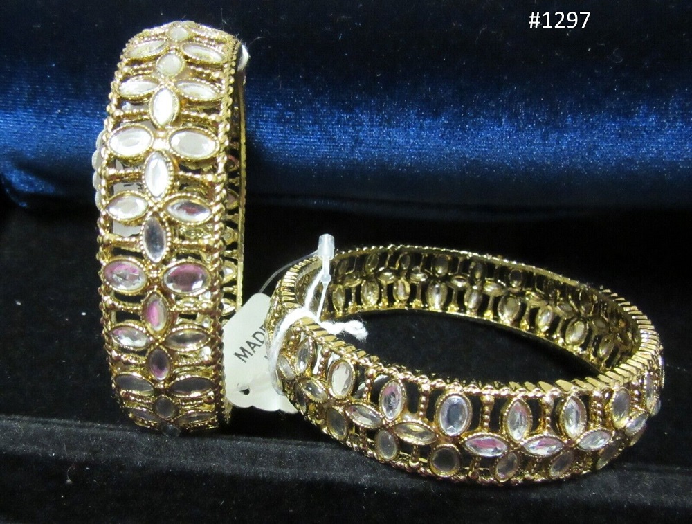 Indian Designer Golden Bangles Kada w/ Stone Work 2.10 Size Indian Designer Golden Bangles Kada w/ Stone Work 2.10 Size