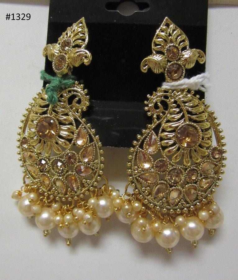 Earrings - Indian Designer Earrings Golden Stones Pearls #3051329 Earrings - Indian Designer Earrings Golden Stones Pearls #3051329